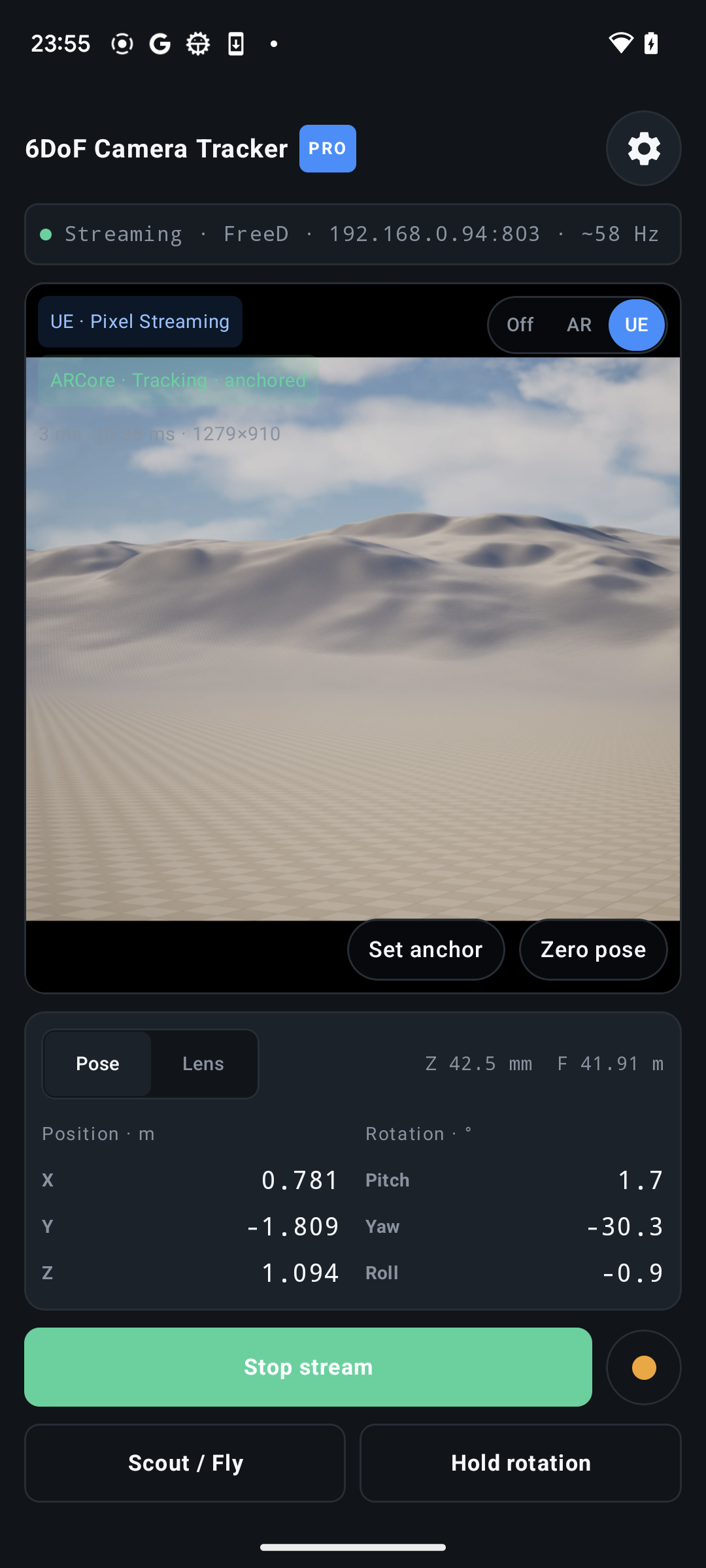 Live Unreal Pixel Streaming viewfinder in 6DoF Camera Tracker