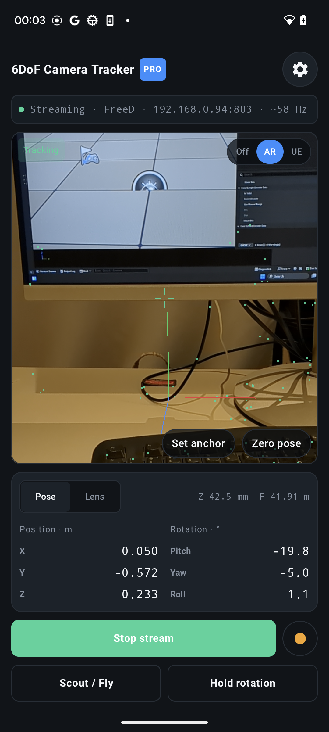 ARCore camera tracking view with anchor and pose controls