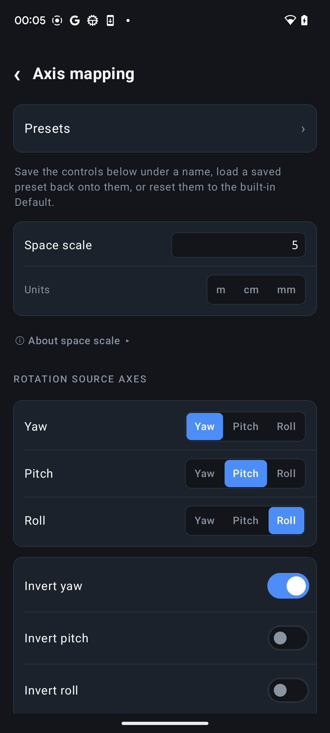 Axis mapping and preset settings