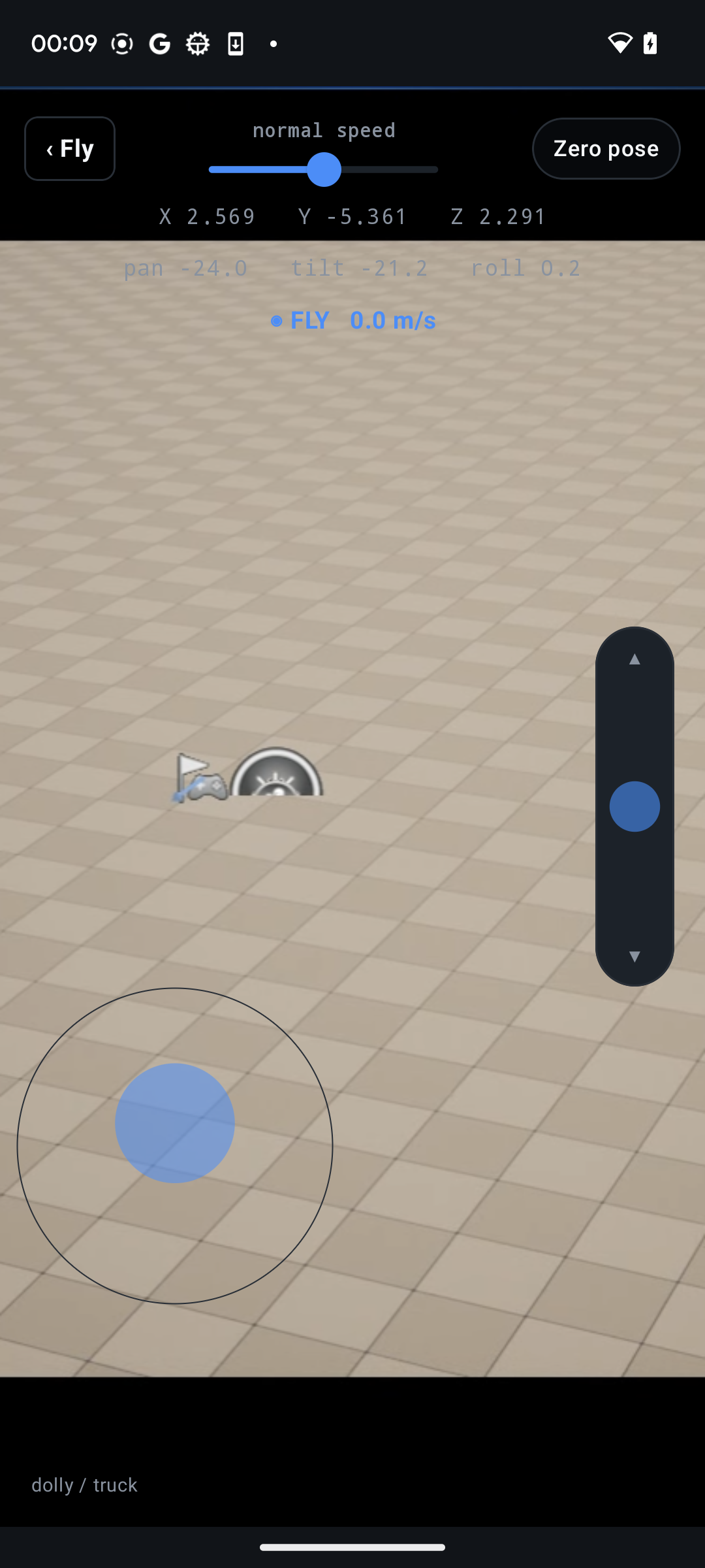 Scout fly mode with joystick and speed controls