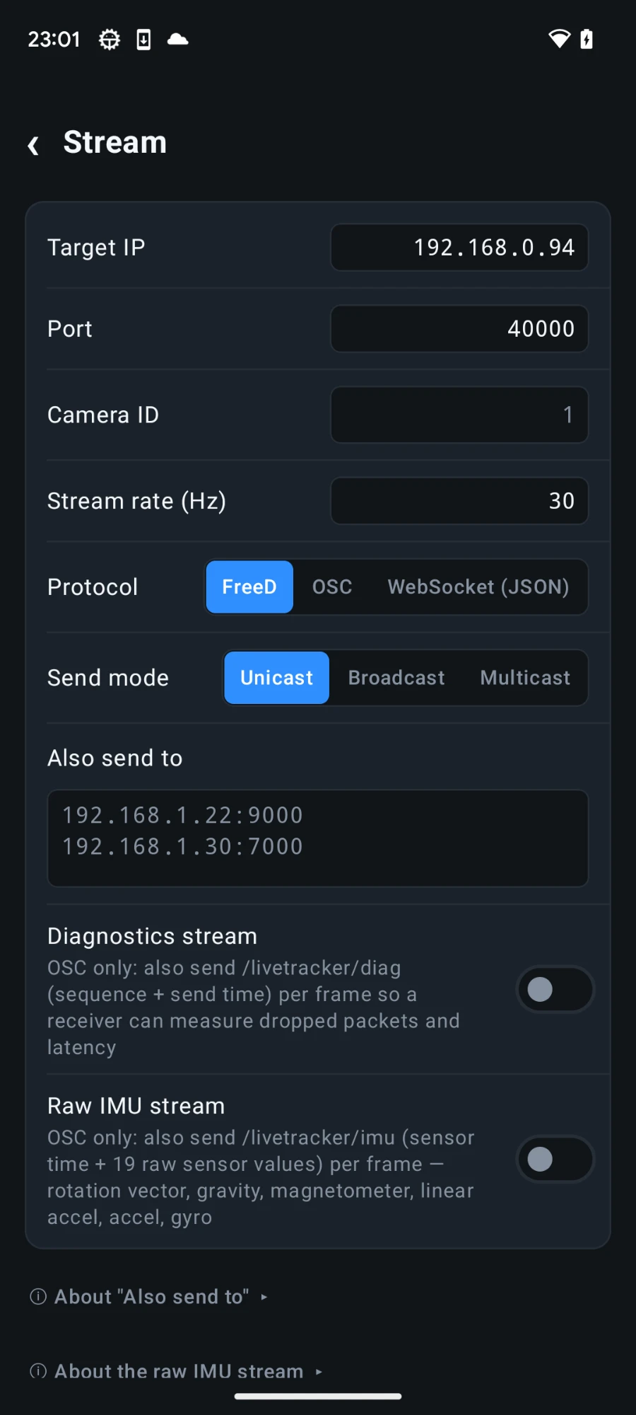 6DoF Camera Tracker stream settings for configuring a receiver