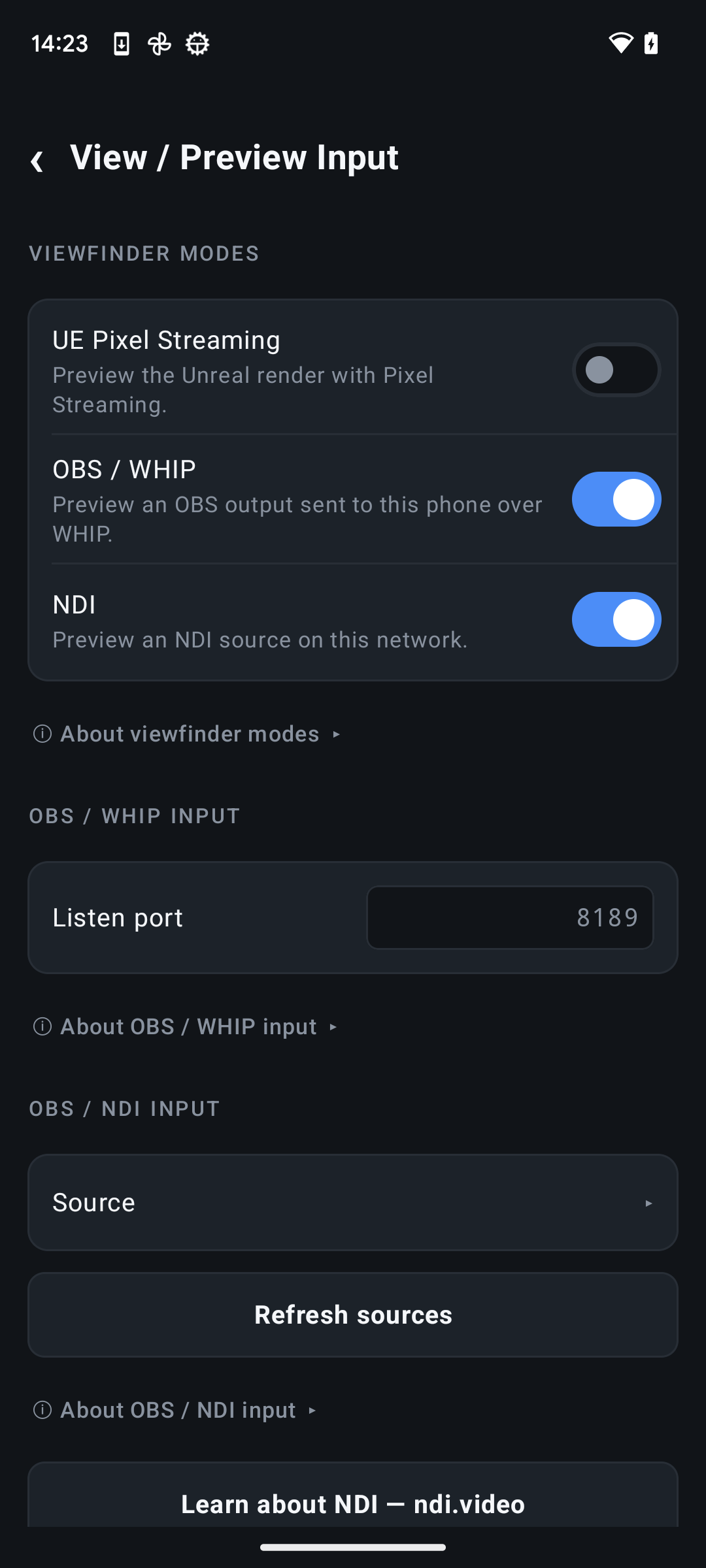 Updated View and Preview Input settings for OBS WHIP and NDI in 6DoF Camera Tracker