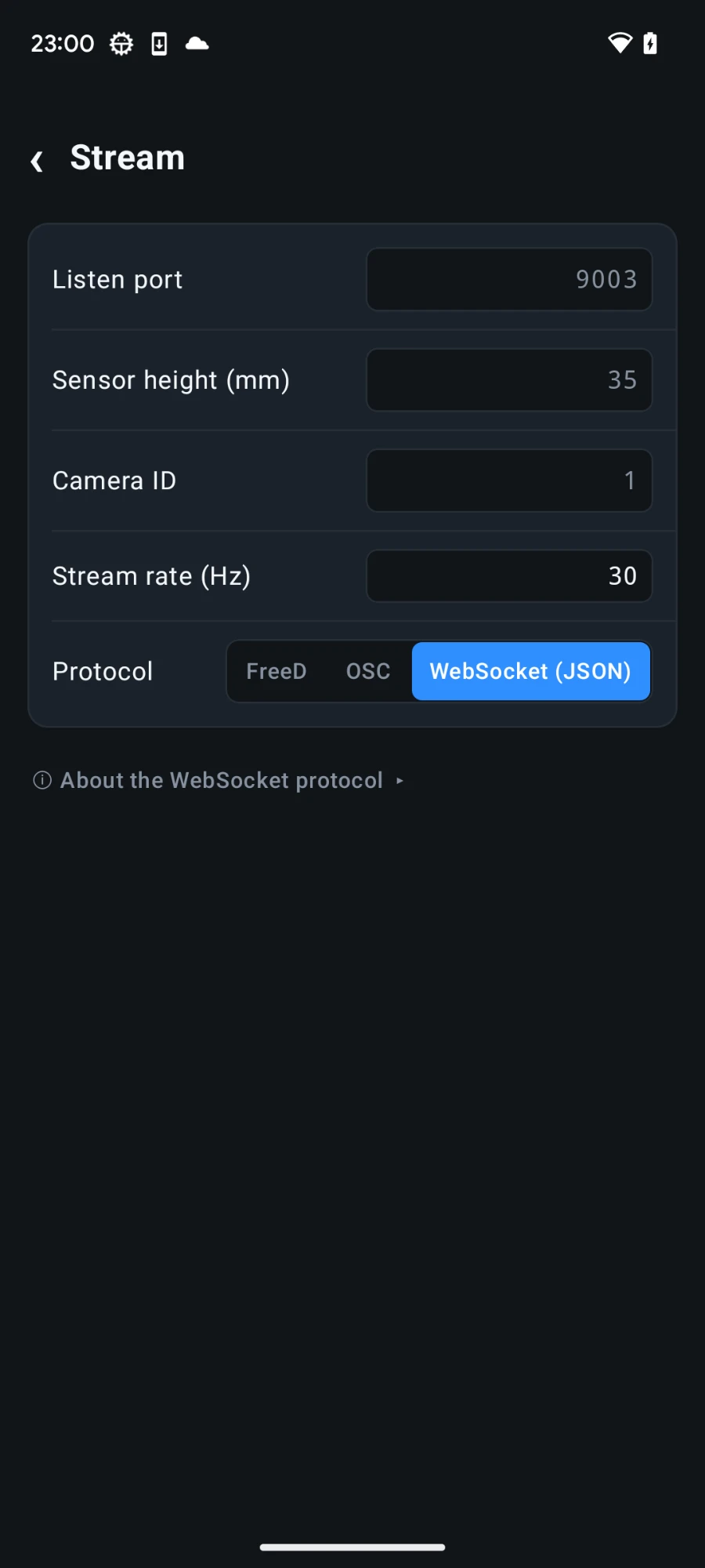 WebSocket JSON selected in the 6DoF Camera Tracker stream settings