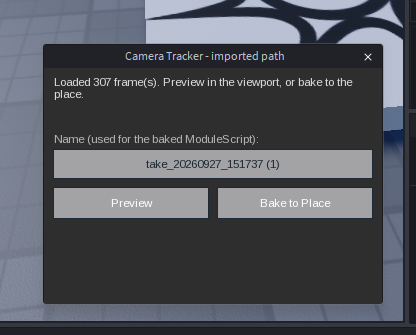 Roblox Studio dialog for importing a recorded camera path