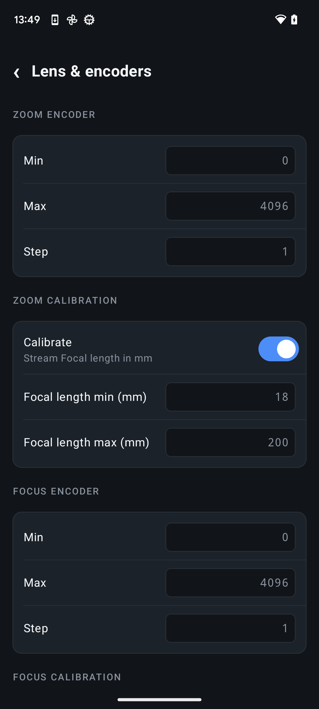 Lens encoder and zoom calibration settings in 6DoF Camera Tracker