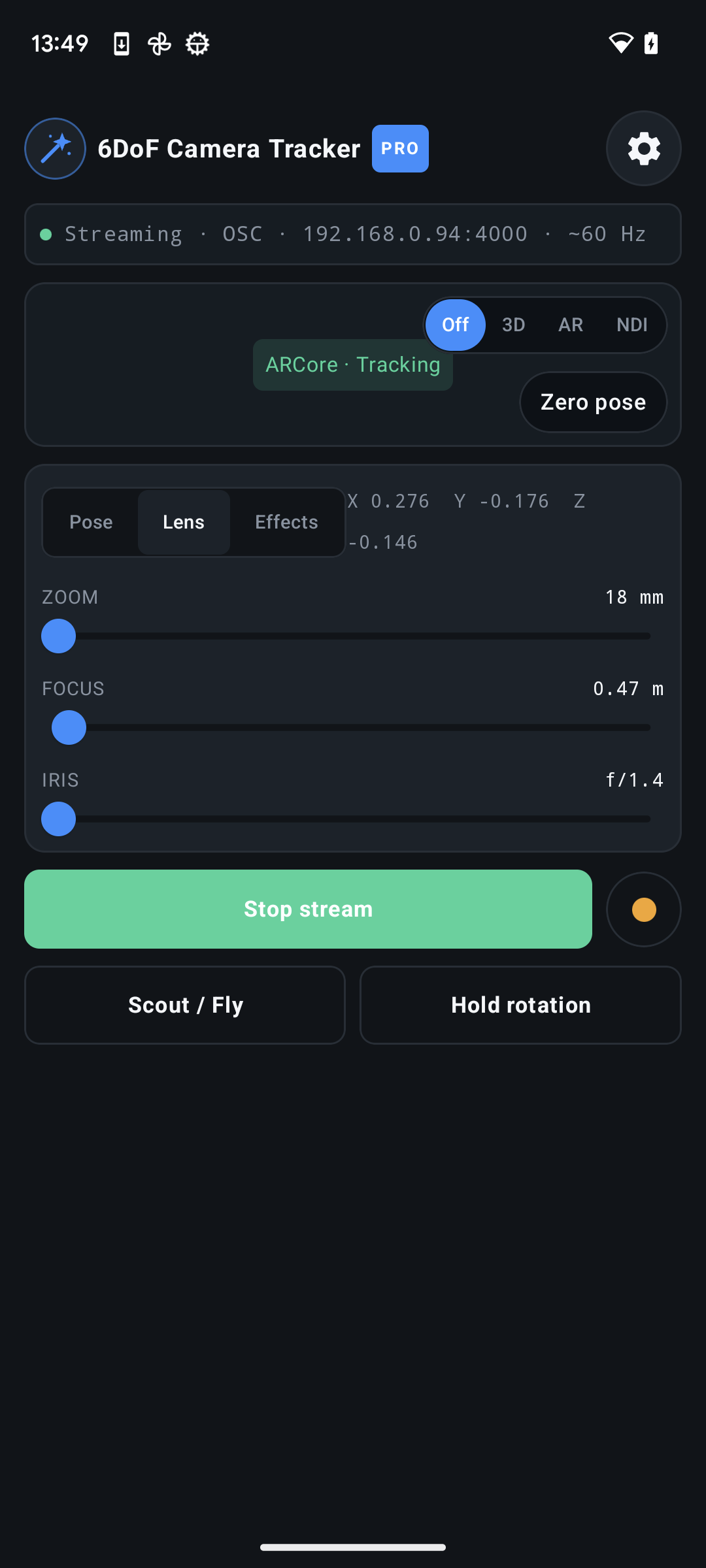 Zoom, focus, and iris controls on the 6DoF Camera Tracker Lens panel
