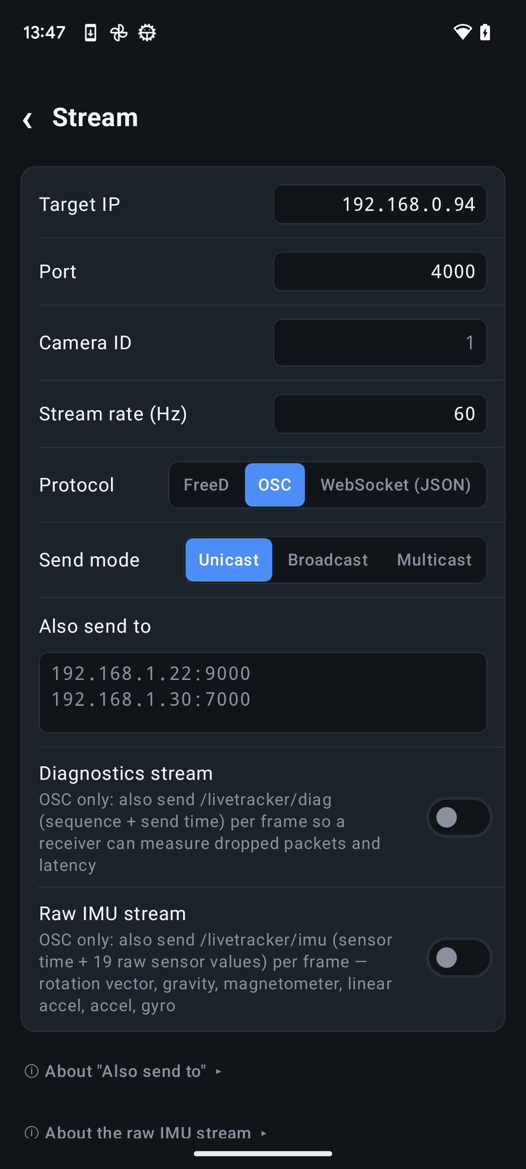6DoF Camera Tracker Stream settings with OSC and Unicast selected