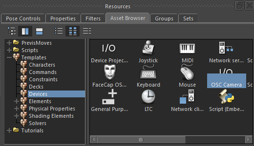 OSC Camera Tracker Device in the MotionBuilder Asset Browser