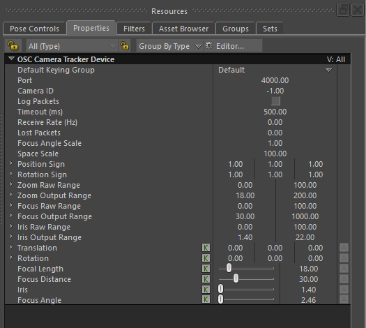 OSC Camera Tracker Device properties in MotionBuilder