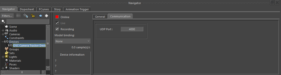 Communication settings for the OSC Camera Tracker Device