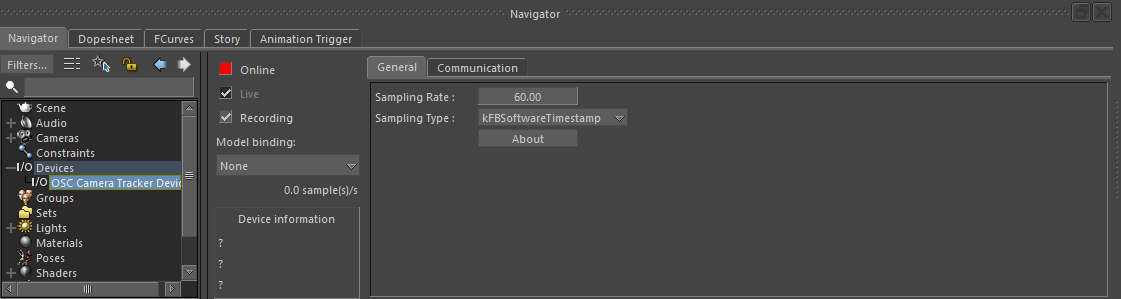 General settings for the OSC Camera Tracker Device in MotionBuilder