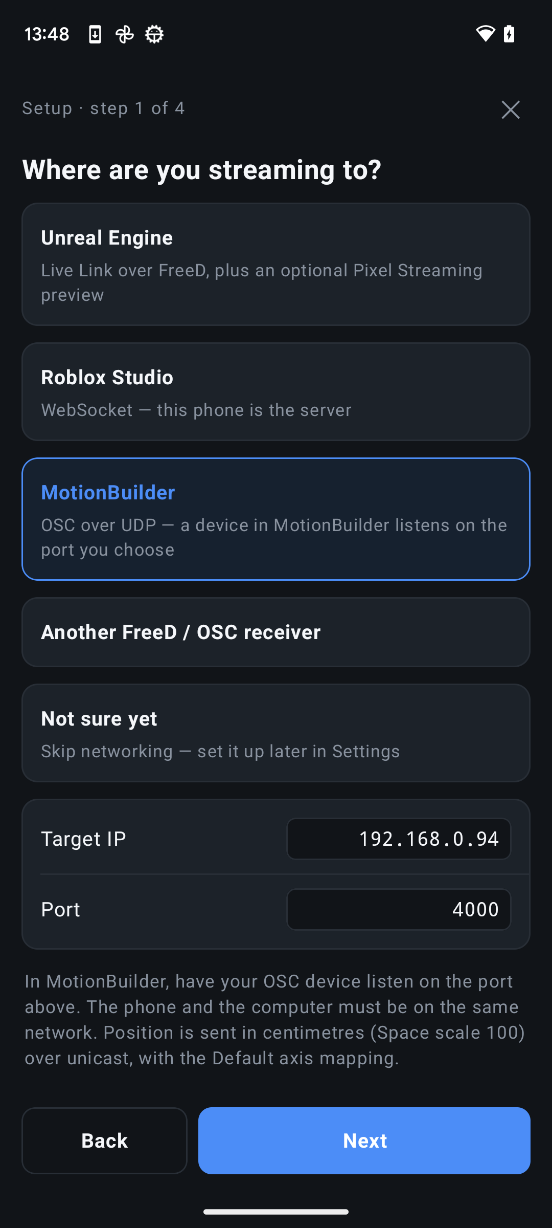 MotionBuilder selected in the 6DoF Camera Tracker setup wizard
