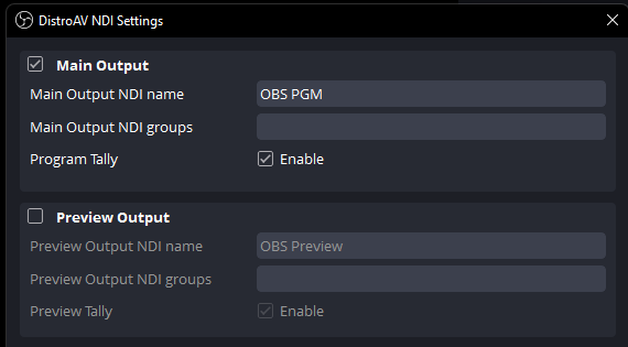 Main Output enabled in the DistroAV NDI Settings window
