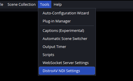 DistroAV NDI Settings command in the OBS Tools menu