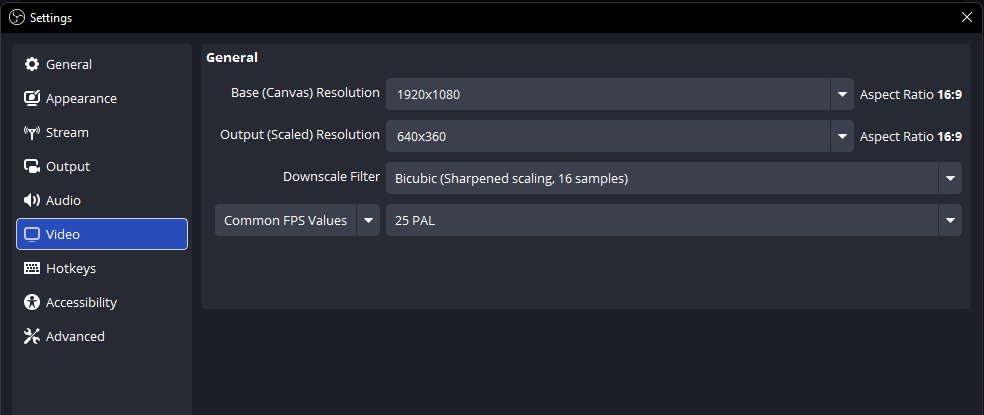 OBS Video settings with a 640 by 360 scaled resolution and 25 frames per second