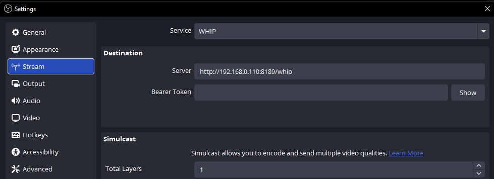 OBS Stream settings configured for the WHIP service and the phone server address