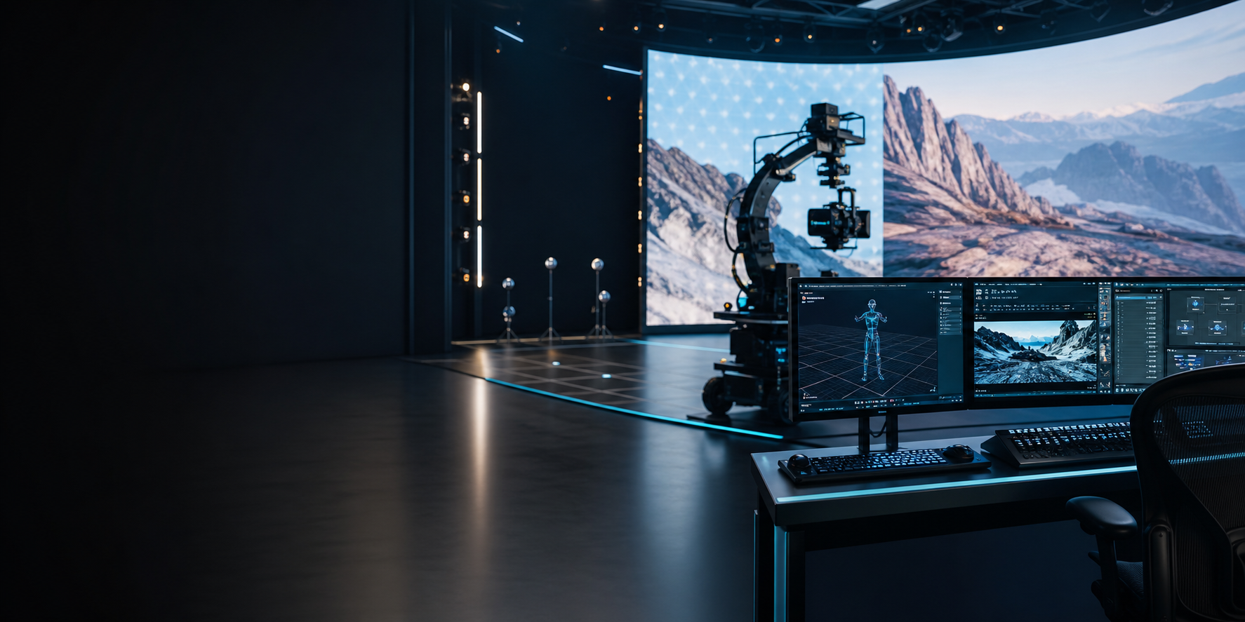A modern virtual production studio with motion capture equipment and real-time screens